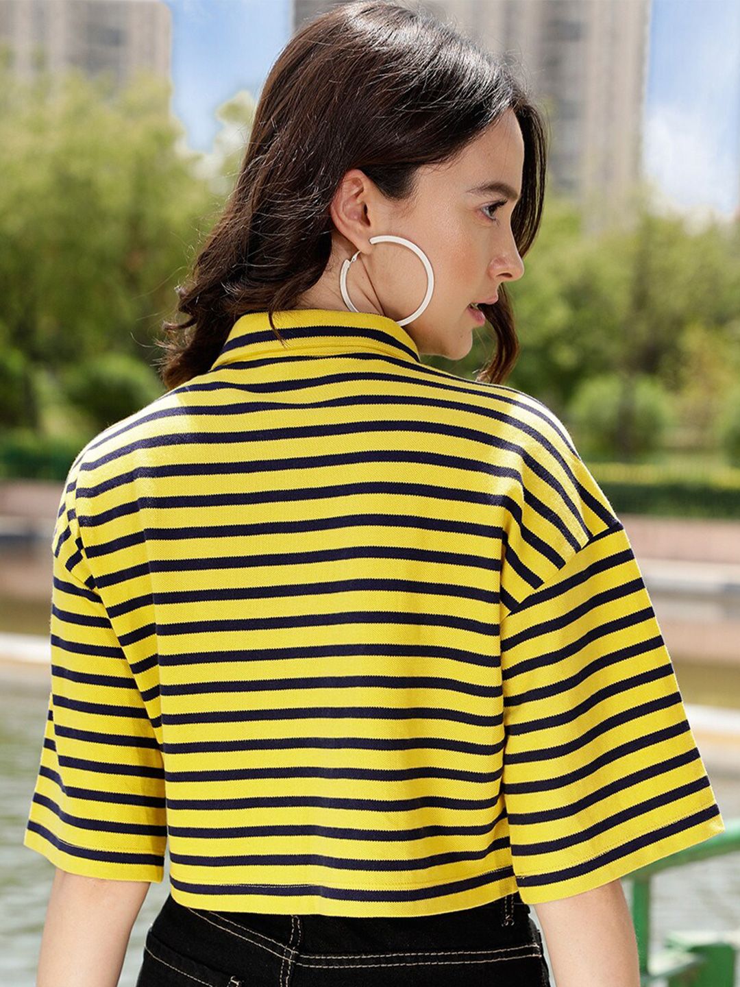STREET 9 Yellow Striped Polo Collar Pure Cotton T-shirt
