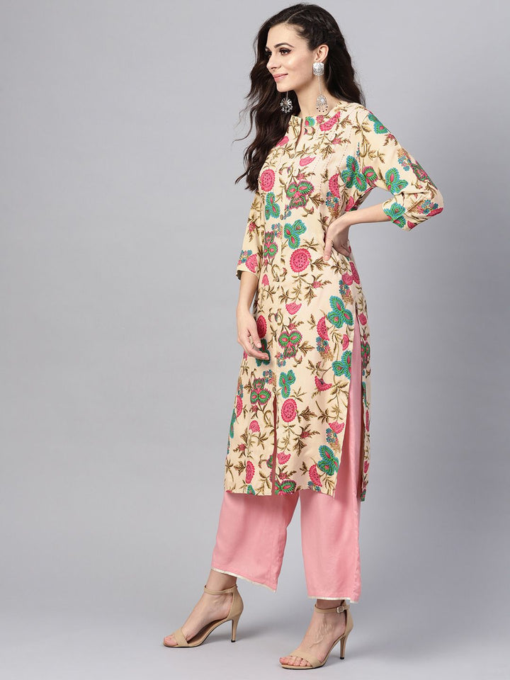 SOJANYA Women Beige & Green Printed Straight Kurta