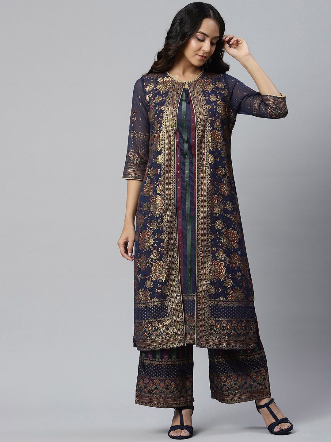 AURELIA Women Blue Printed Pleated Kurta with Palazzos