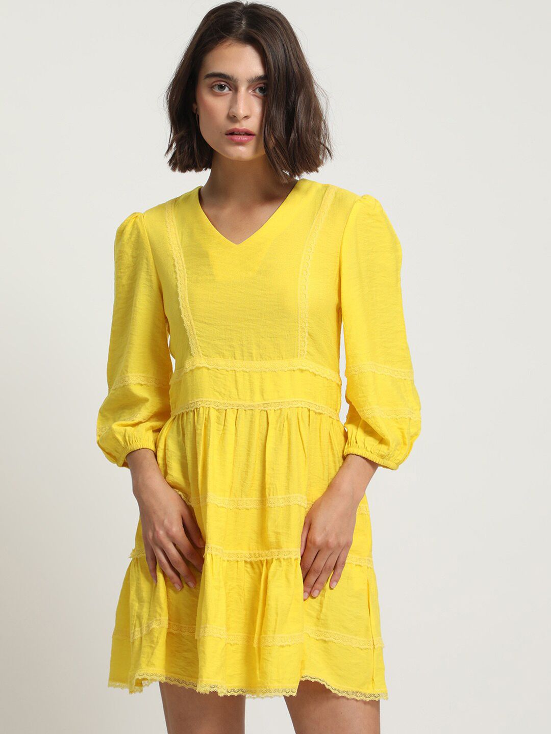RAREISM V-Neck Puff Sleeves Lace Inserts Cotton Fit & Flare Dress