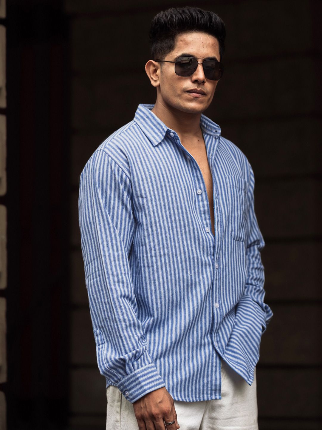Powerlook Men Spread Collar Vertical Striped Cotton Casual Shirt