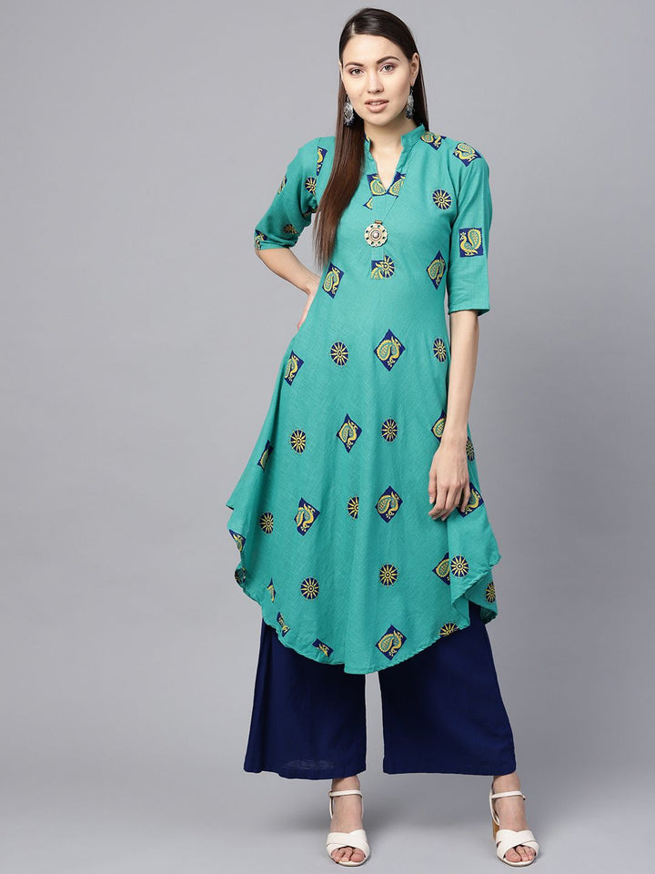 SOJANYA Women Sea Green & Yellow Printed A-Line Kurta