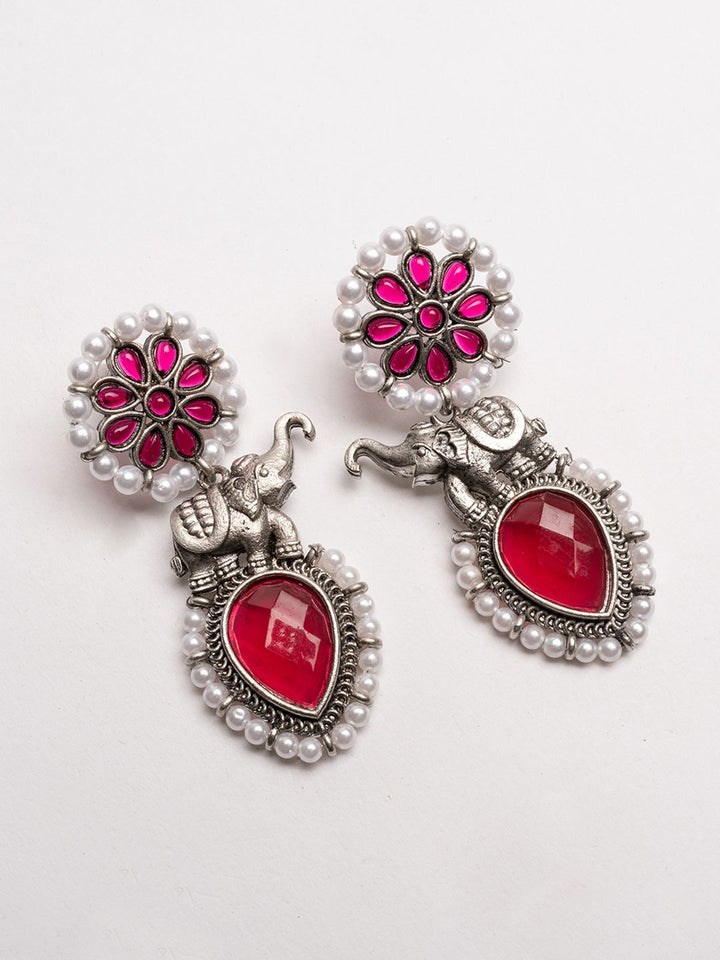 PANASH Silver-Plated Stones Studded And Beaded Animal Shaped Oxidised Drop Earrings