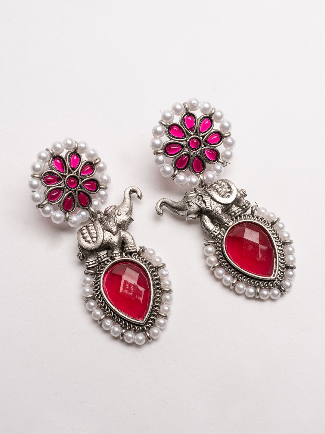 PANASH Silver-Plated Stones Studded And Beaded Animal Shaped Oxidised Drop Earrings