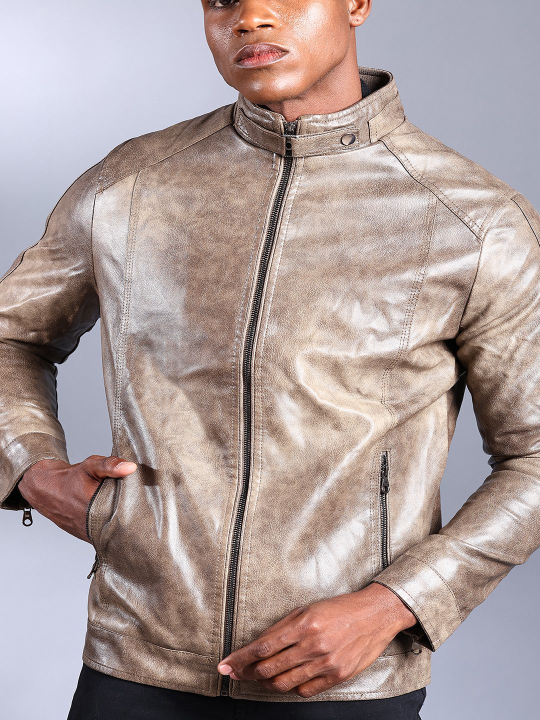 The Indian Garage Co Men Slim Fit Zip-Front Faux Biker Jacket