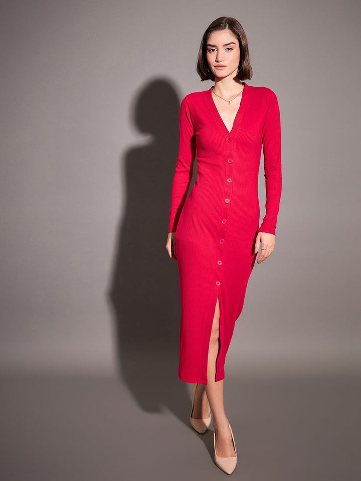 SASSAFRAS Red V-Neck Ribbed Sheath Midi Dress