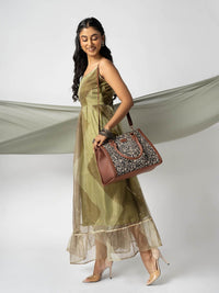 ZOUK =Floral Printed Structured Jute Handheld Bag
