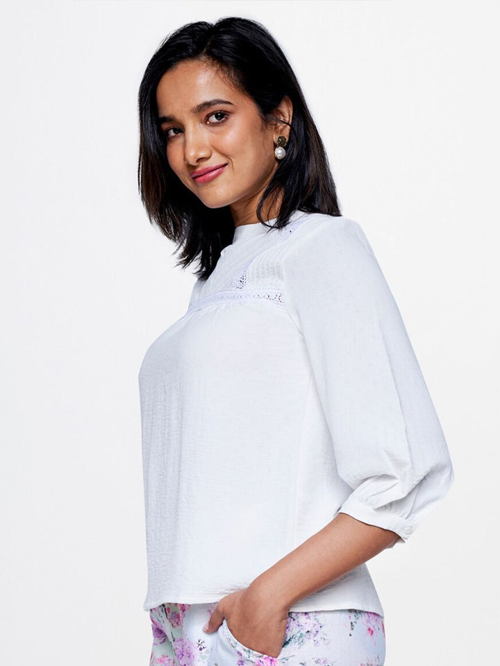 AND Round Neck Puffed Sleeves Gathered or Pleated Top
