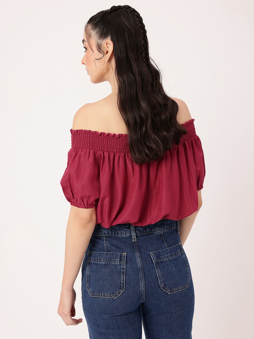 DressBerry Boho Chic Off Shoulder Smocked Blouson Crop Top