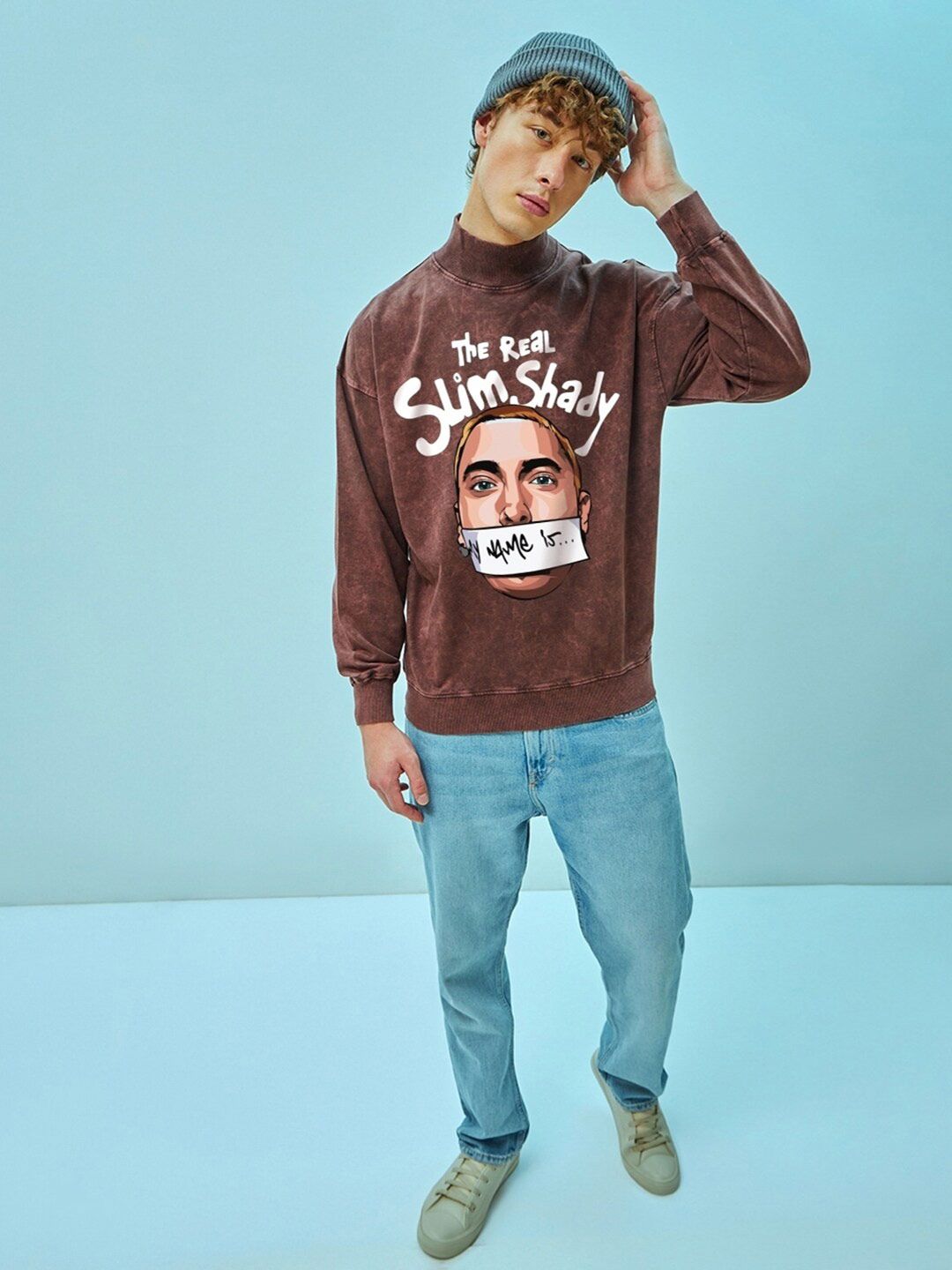 Bewakoof Maroon Real Slim Shady Printed Mock Collar Oversized Pullover Sweatshirt