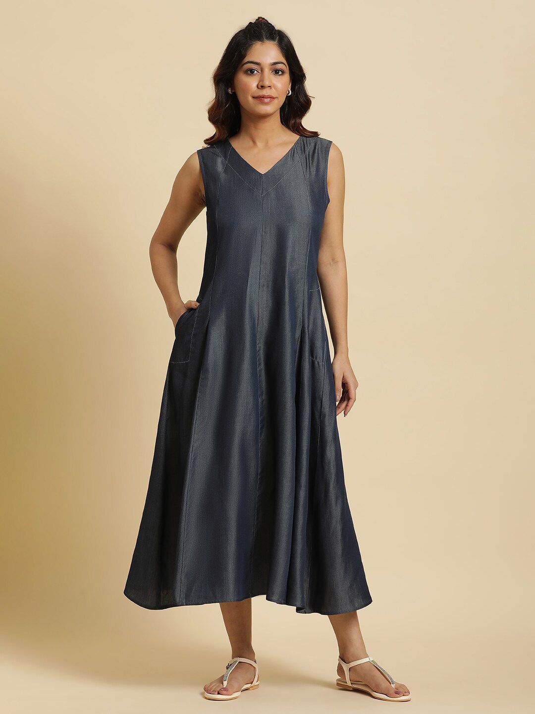 W V-Neck Denim A-Line Midi Dress
