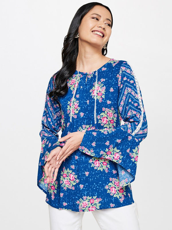 Global Desi Women Blue & Pink Floral Printed Top