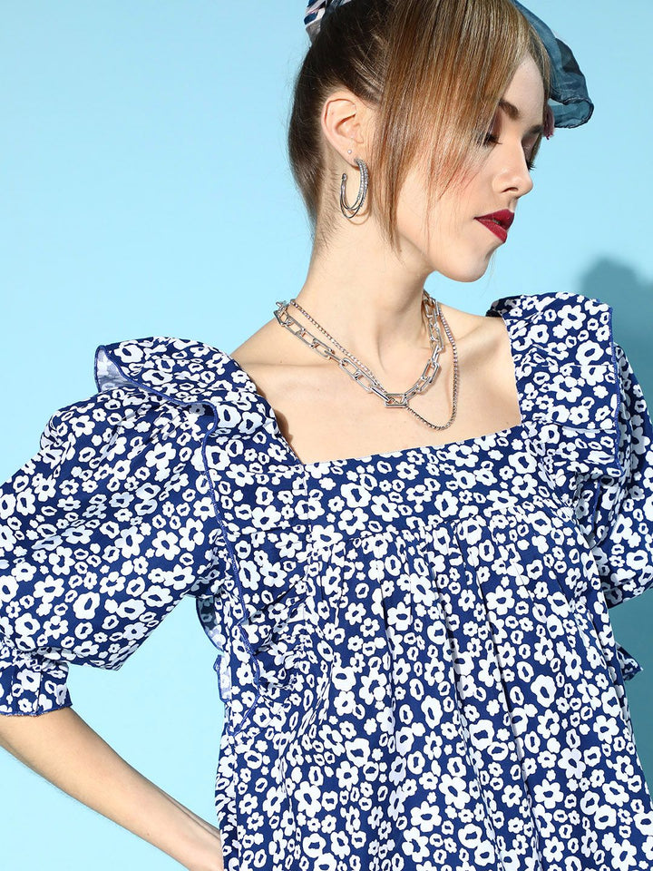Antheaa Women Stunning Blue Floral Ruffled Top