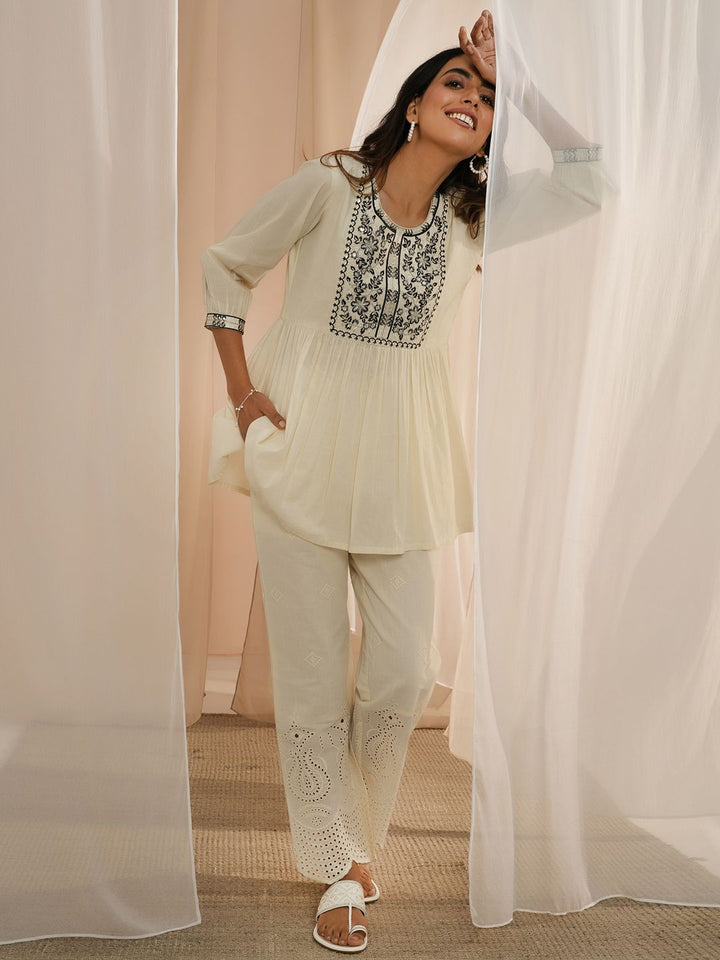 Libas Floral Yoke Design Sequinned Pure Cotton Pleated Kurti
