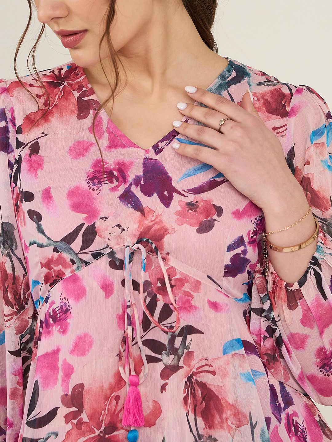 Antheaa Floral Print Puff Sleeve Chiffon Empire Top