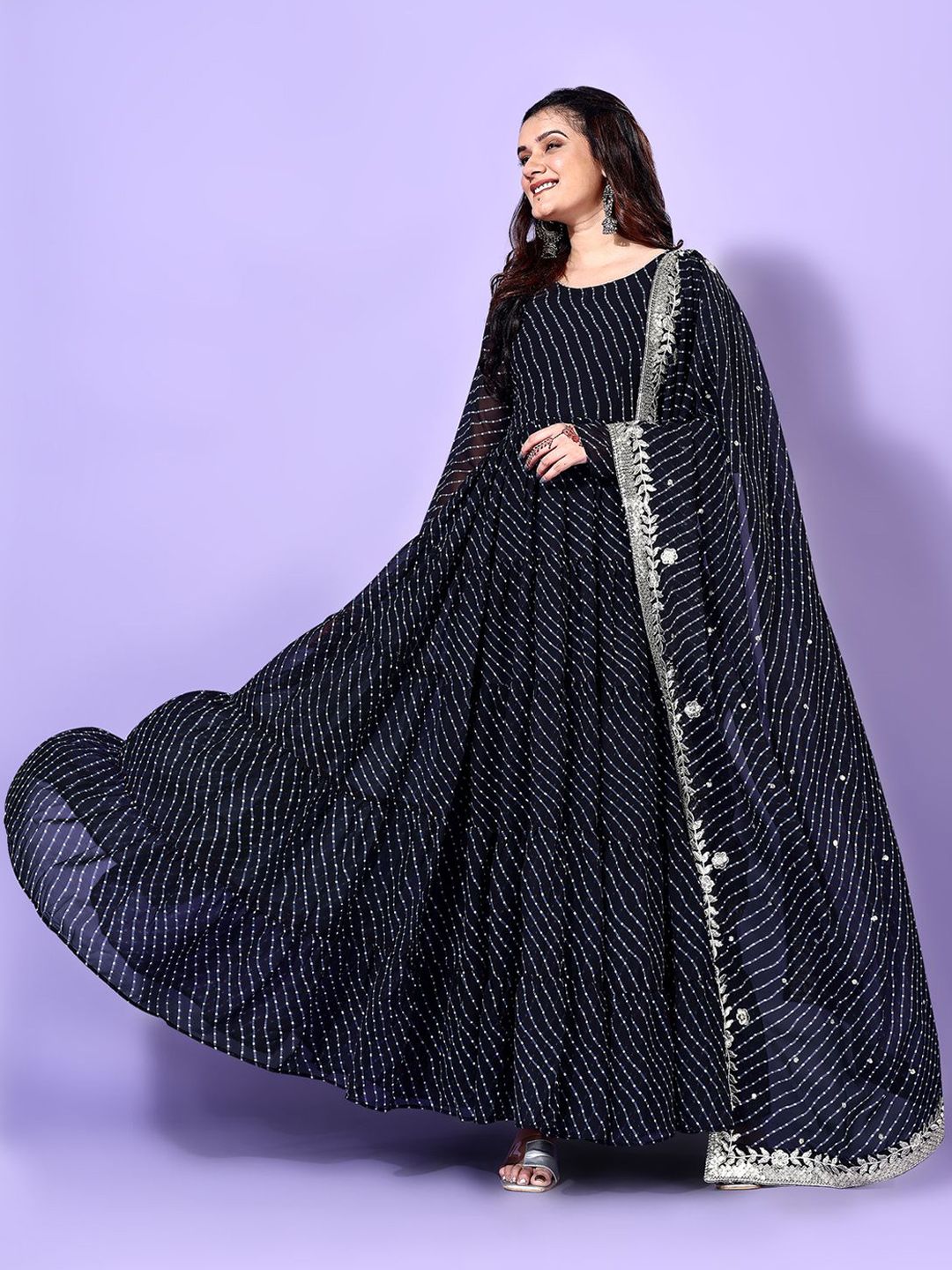 KALINI Leheriya Printed Round Neck Tiered Anarkali Kurta with Pyjamas & Dupatta