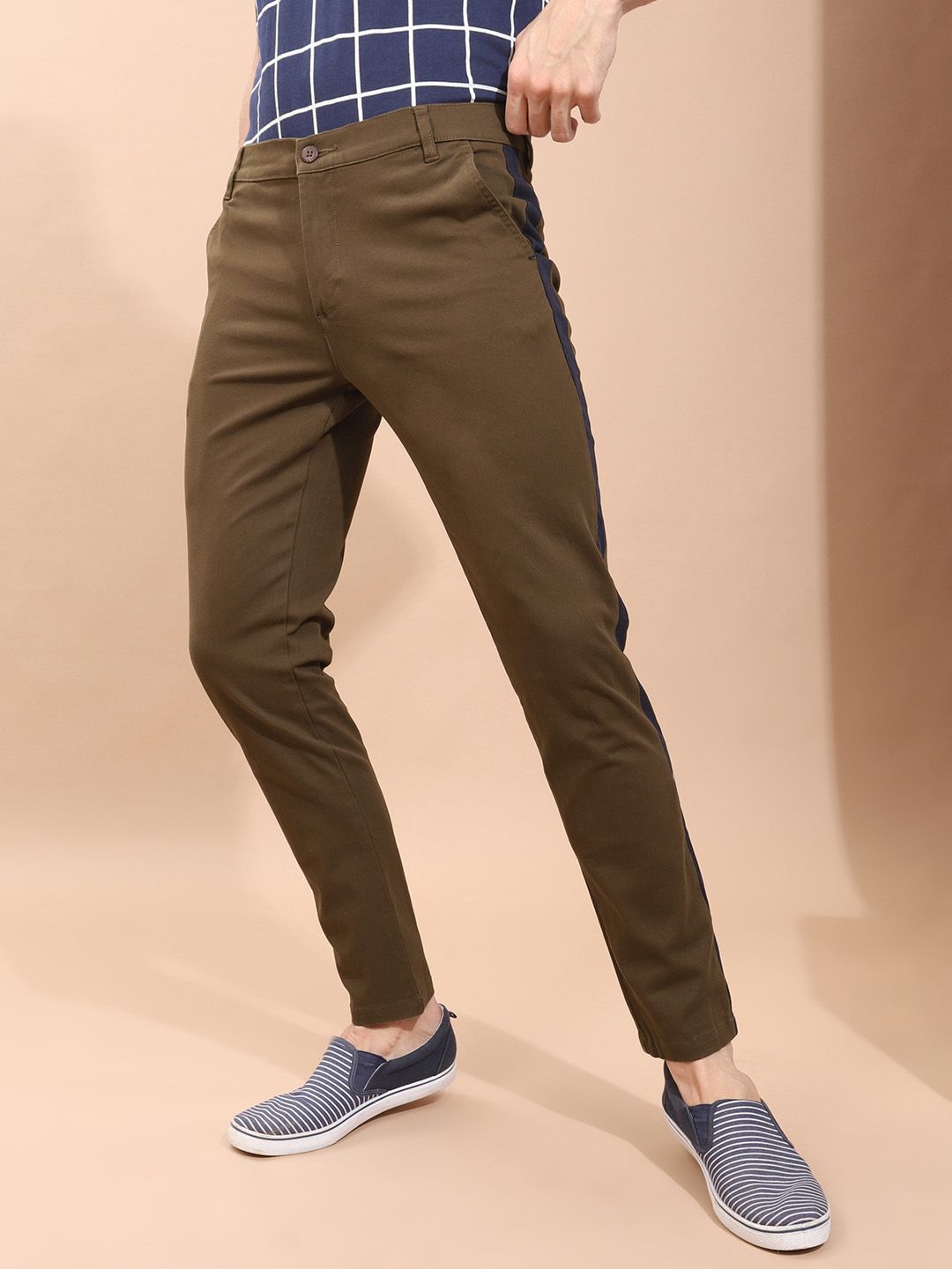 The Indian Garage Co Men Brown Slim Fit Solid Regular Trousers With Side Taping