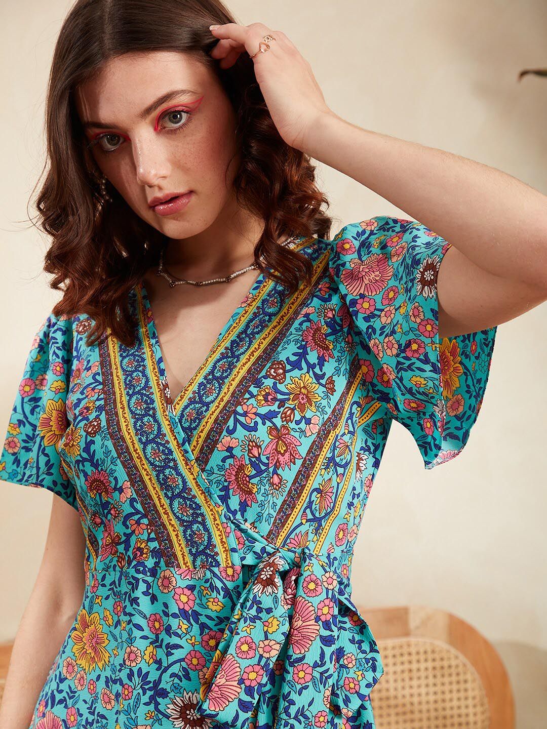 Berrylush Blue Ethnic Motifs Printed Flared Sleeve Tie Up Wrap Dress
