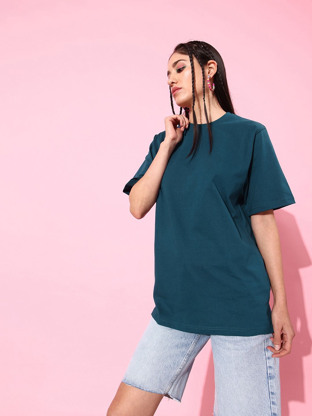 DILLINGER Blue & Pink Printed Oversized Pure Cotton Longline T-shirt