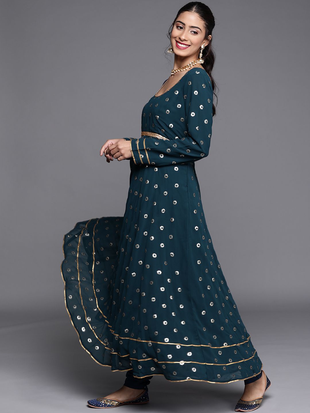 Libas Women Blue Embroidered Anarkali Kurta with Churidar & With Dupatta