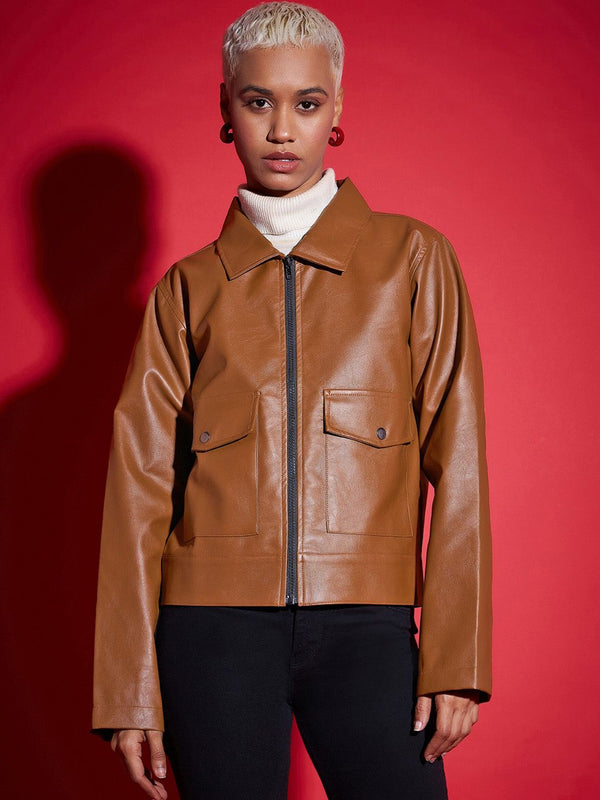 SASSAFRAS Brown Spread Collar Biker Jacket
