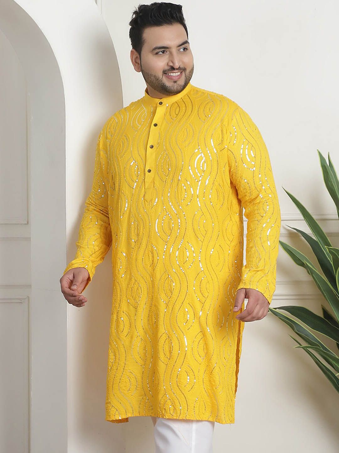 SOJANYA PLUS Geometric Embroidered Sequinned Mandarin Collar Cotton Straight Kurta
