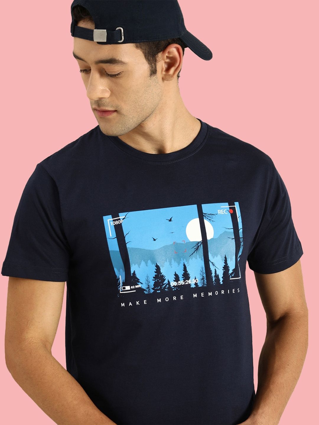 Bewakoof Men Navy Blue Printed Round Neck Pure Cotton T-shirt