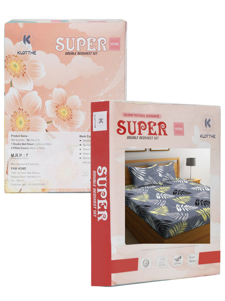 KLOTTHE Grey Leaf Polycotton 300 TC Fitted King Fine Bedsheet dengan 2 Sarung Bantal-98 x 87 inci