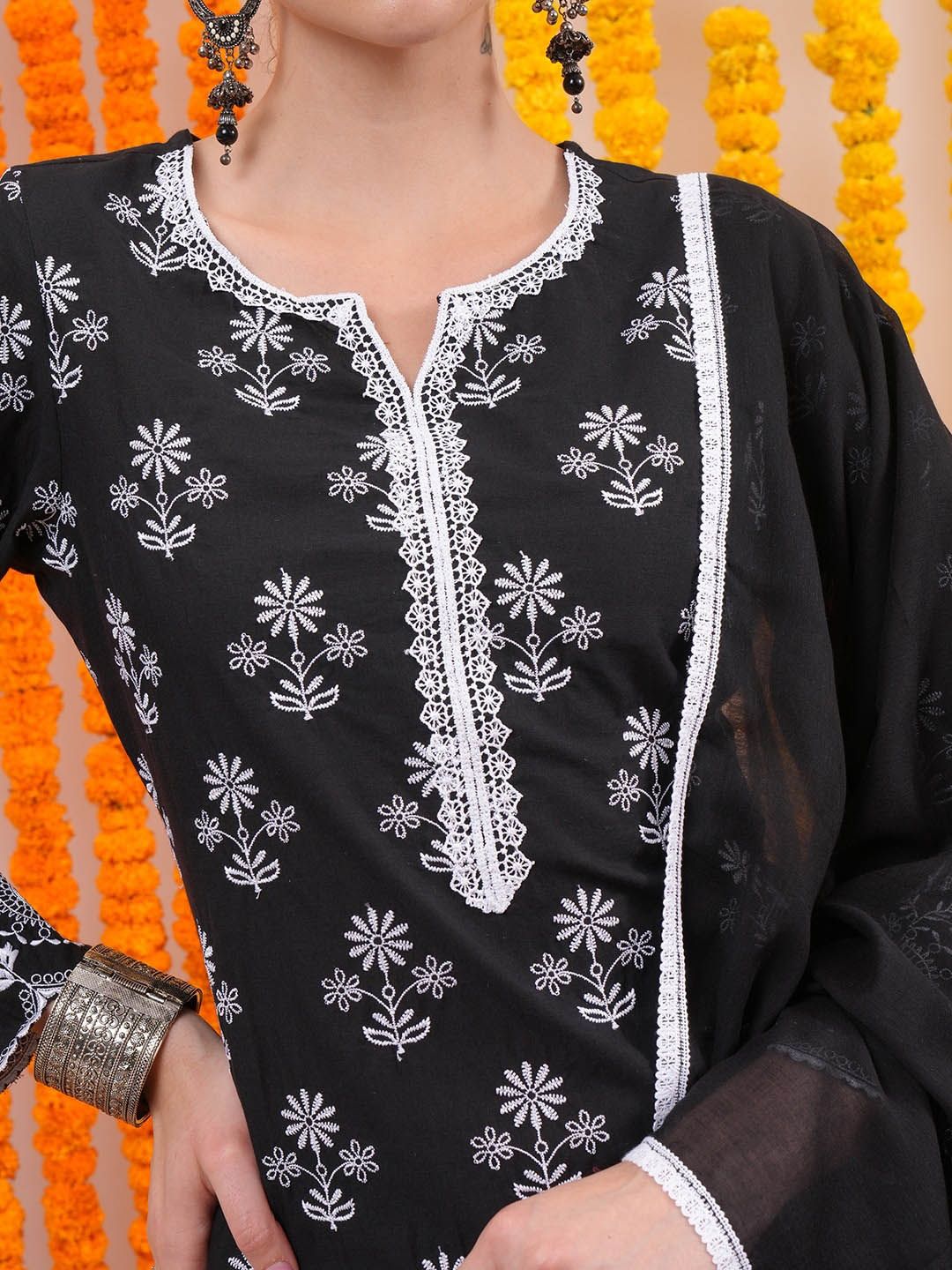 Vishudh Black Floral Embroidered Pure Cotton Straight Kurta with Trousers
