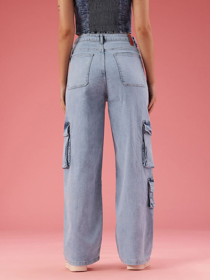 DressBerry Women Baggy Wide Leg Fit High-Rise Light Fade Stretchable Jeans