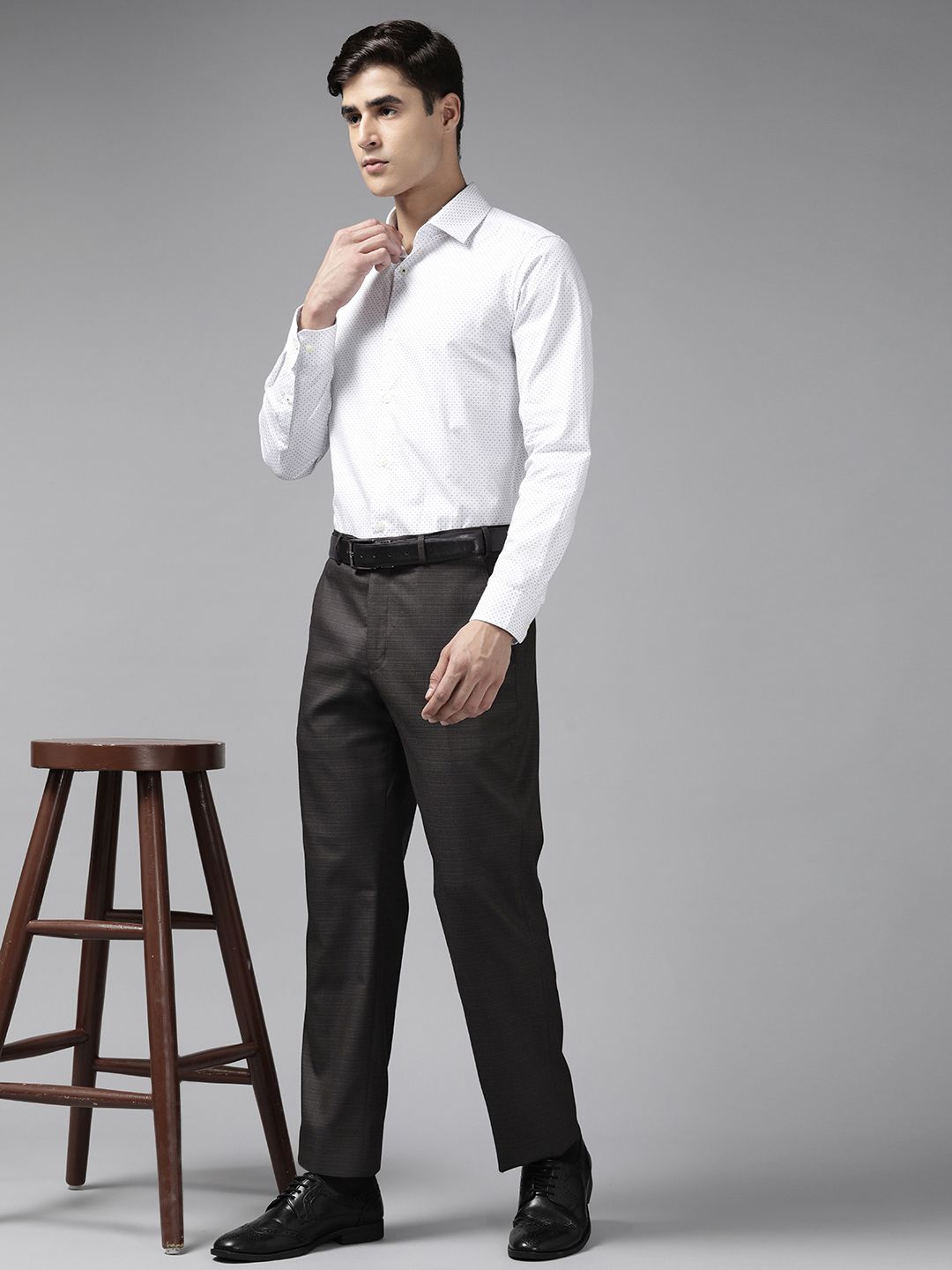 Park Avenue Men Charcoal Black Checked Smart Fit Formal Trousers