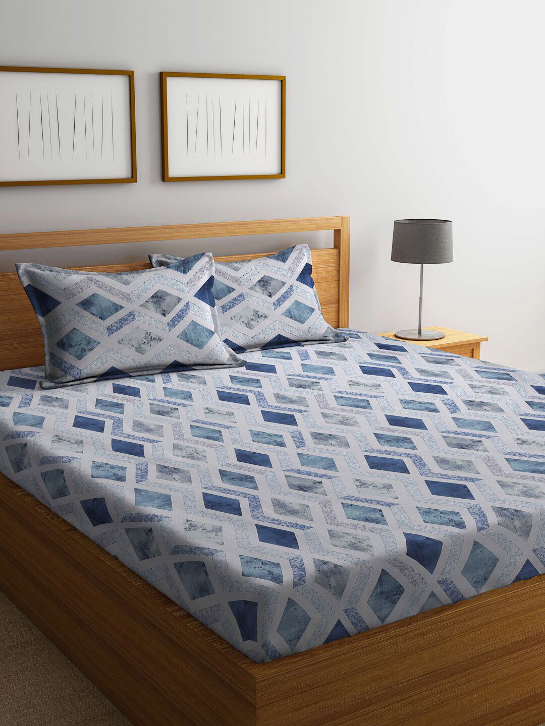 KLOTTHE Blue Floral Printed Dilengkapi 400 TC Kapas Cadar King & 2 Sarung Bantal