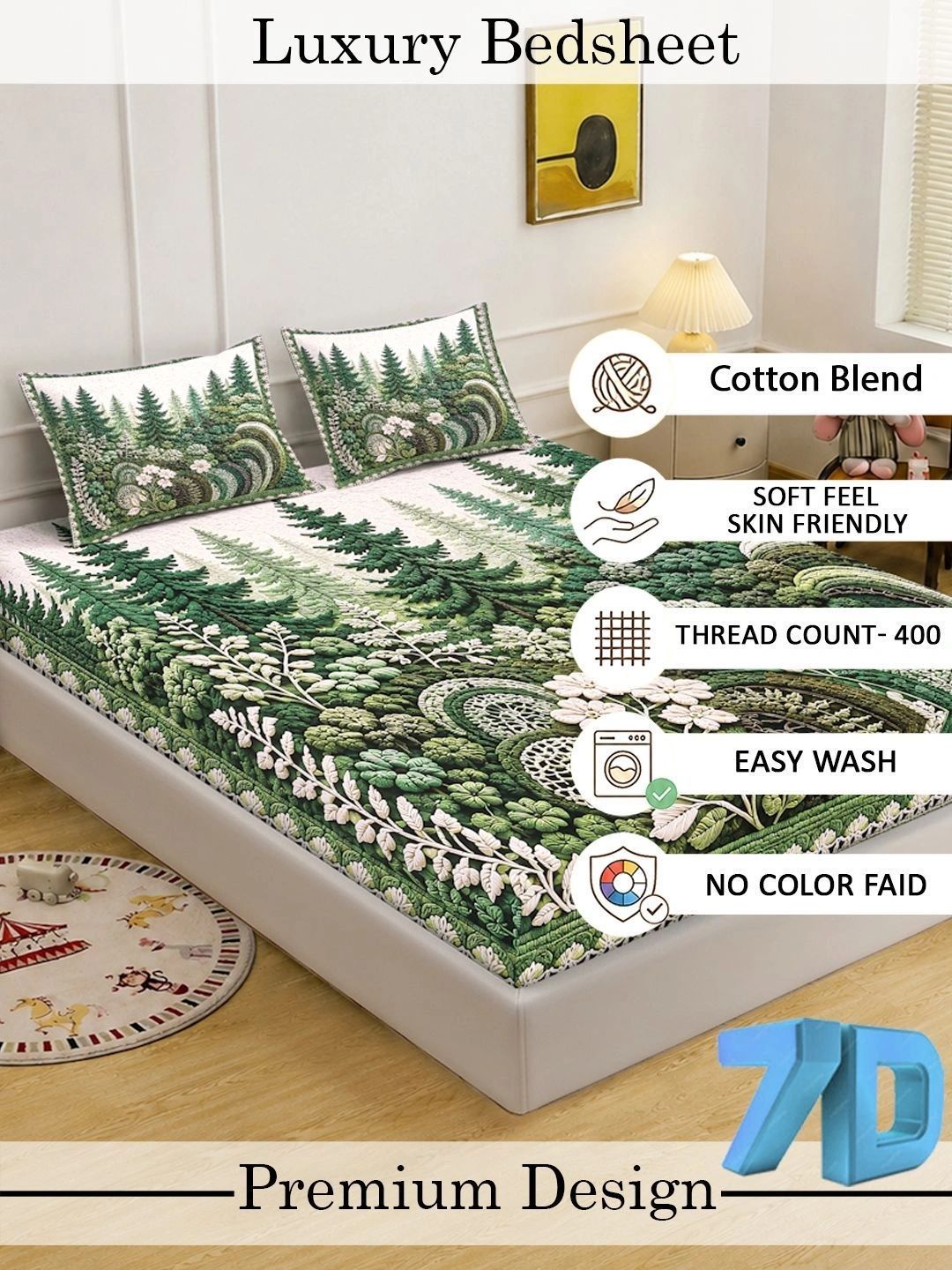 KLOTTHE Hijau & Putih Floral 400 TC Cadar King dengan 2 Sarung Bantal