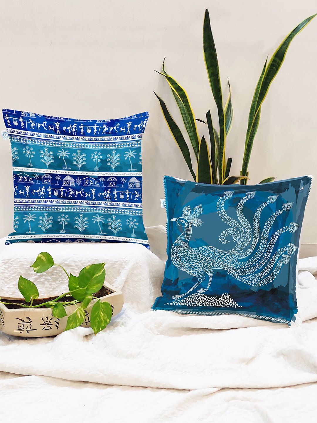 STITCHNEST Adults Blue & White Set of 2 Warli Motifs Square Cushion Covers
