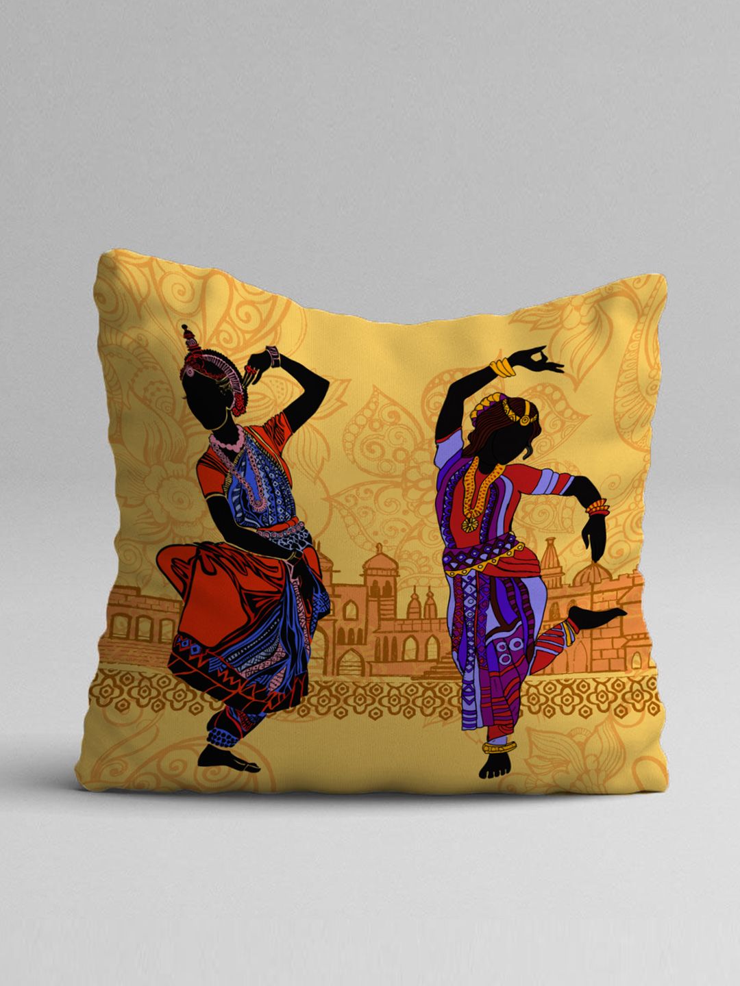 STITCHNEST Yellow & Purple Set of 5 Ethnic Motifs Square Cushion Covers