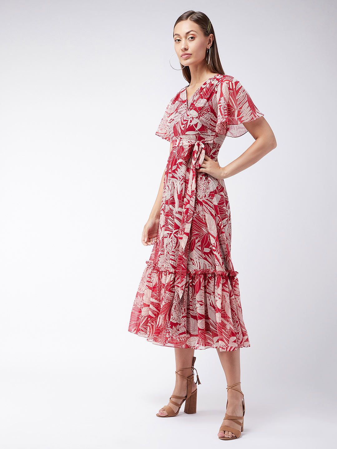 Miss Chase Maroon & Peach-Coloured Tropical Printed Gathered Chiffon Midi Dress