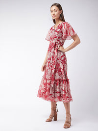 Miss Chase Maroon & Peach-Coloured Tropical Printed Gathered Chiffon Midi Dress