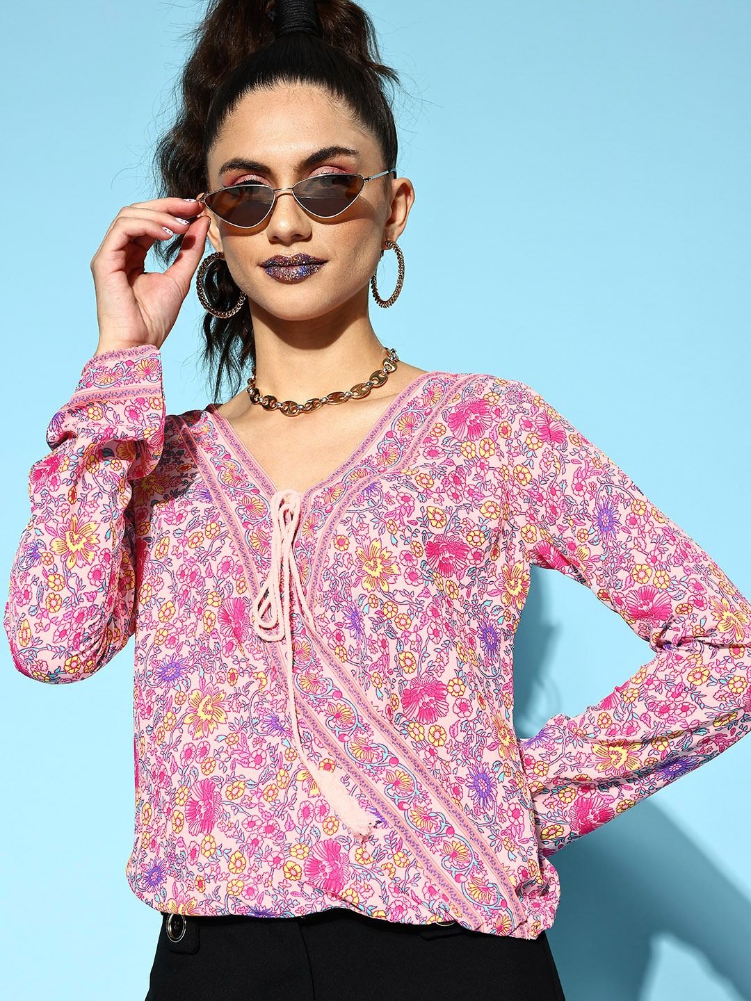 Berrylush Pretty Pink Floral Fluid Tie-Up Top