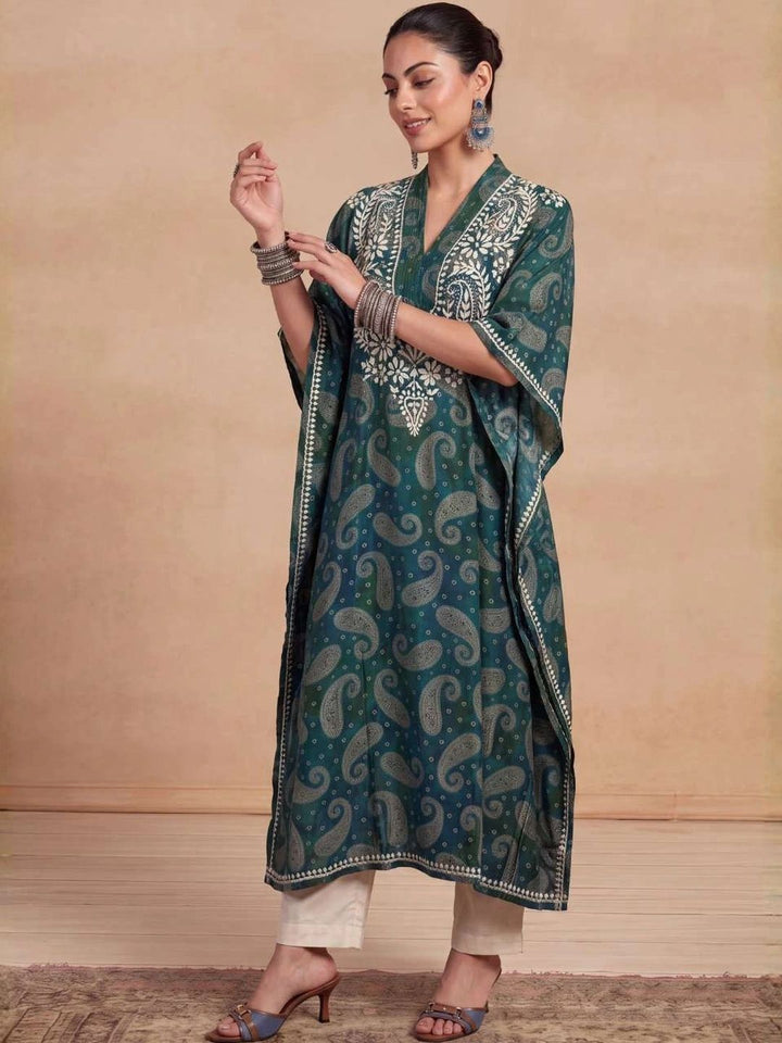 House of Chikankari Women Paisley Printed Extended Sleeves Thread Work Crepe Kaftan Kurta