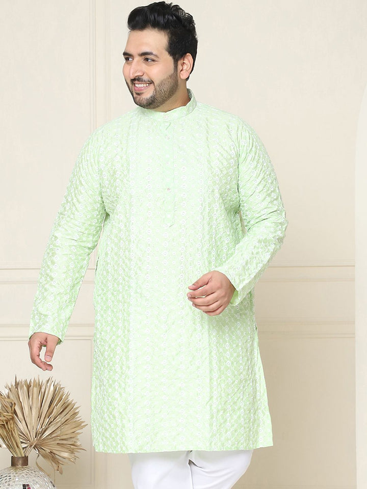 SOJANYA PLUS Men Sea Green & White Chikankari Embroidered Kurta