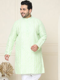 SOJANYA PLUS Men Sea Green & White Chikankari Embroidered Kurta