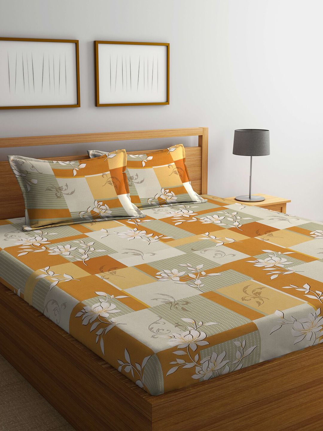 KLOTTHE Mustard-Yellow & White Floral-Printed 400TC Pure Cotton Fitted Double Bedsheet Set