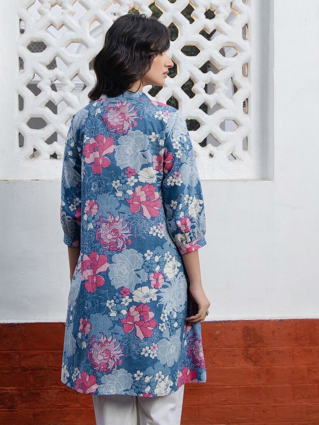 Janasya Floral Printed Mandarin Collar Pure Cotton Pleated A-Line Tunic