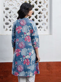 Janasya Floral Printed Mandarin Collar Pure Cotton Pleated A-Line Tunic