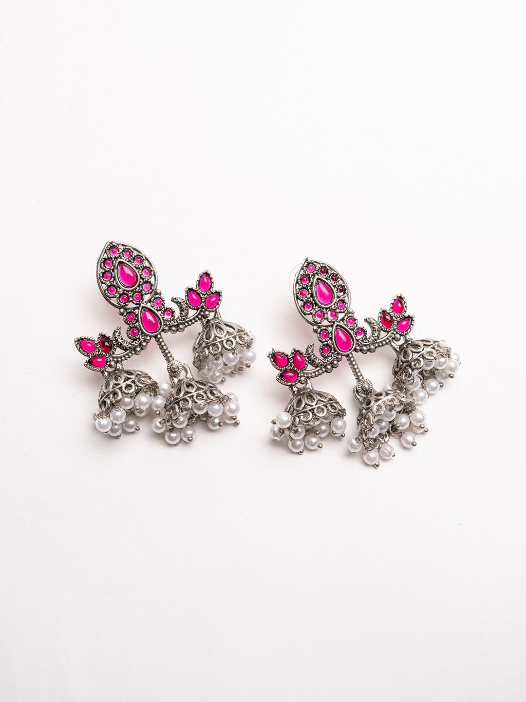 PANASH Silver Plated Stones Studded And Beaded Contemporary Oxidized Drop Earrings