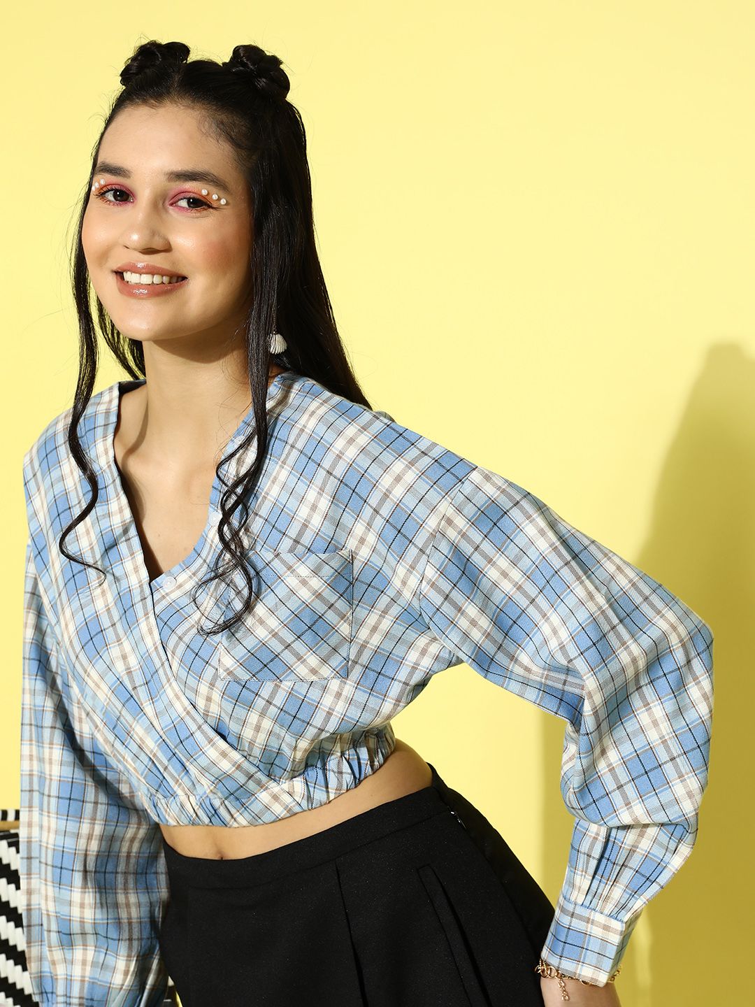 Berrylush Blue & Off White Checked Wrap Crop Top