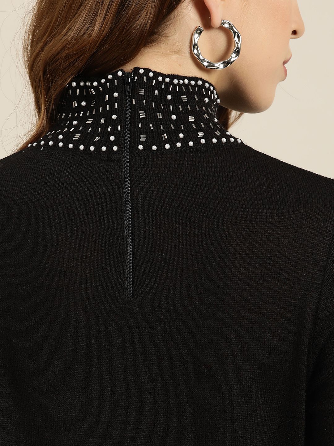 all about you Women Black Solid Turtle Embellished Neck Pullover
