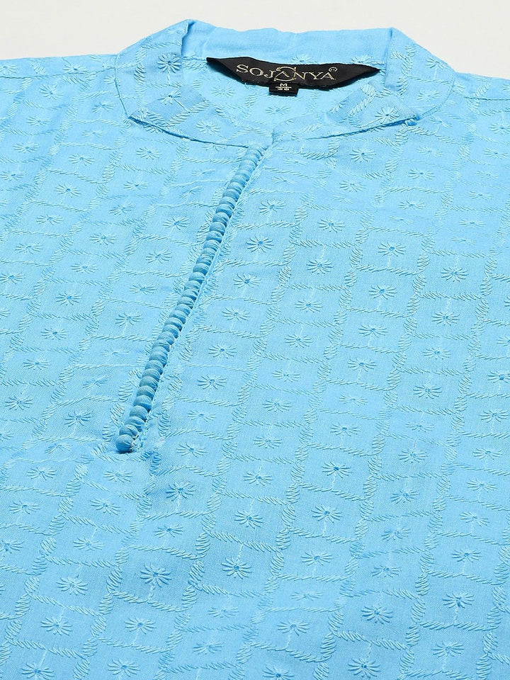 SOJANYA Men Blue Chikankari Pure Cotton Kurta with Churidar & Nehru Jacket