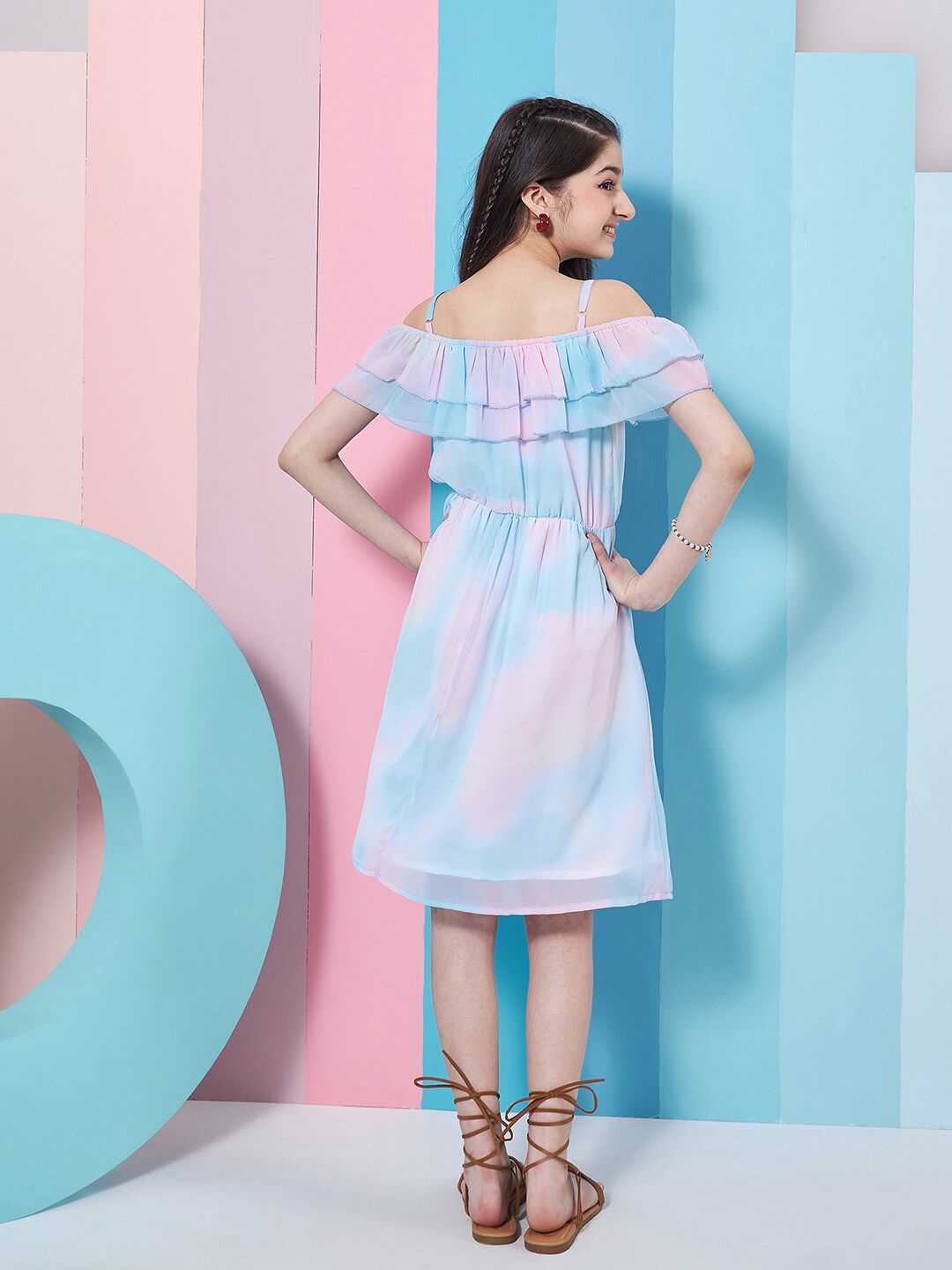 pspeaches Girls Tie & Dye Off-Shoulder Georgette Fit & Flare Dress
