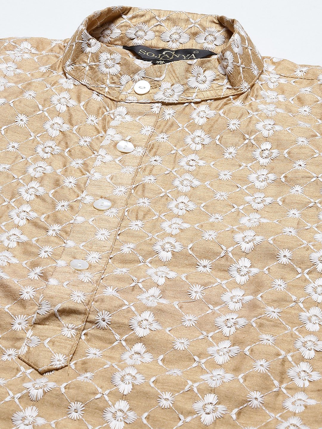 SOJANYA Lelaki Motif Etnik Emas & Putih Sulam Kurta